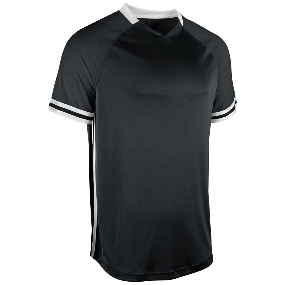 Black and white v-neck baseball jersey with stripes