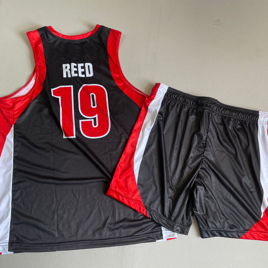 Custom Rimpage Black, Red and White Basketball Uniform