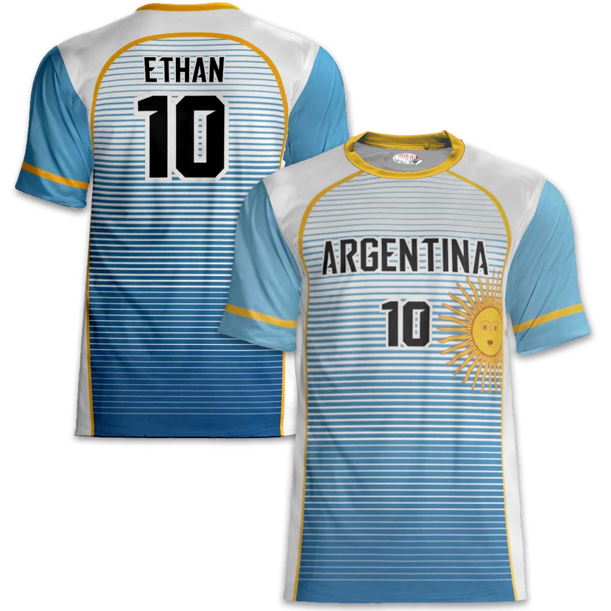 Custom Argentina Soccer Jersey – Light Blue White Gold Edition – Pro Look – Personalized Name and Number