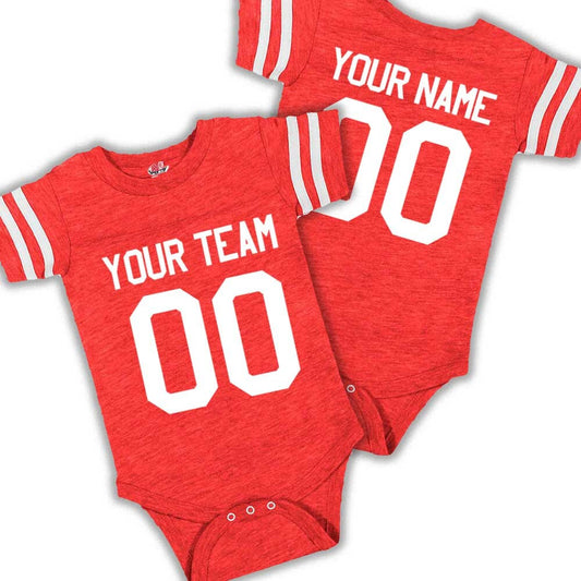 Custom Infant Football Body Suit- Vintage Sleeve stripe with Name and number on the front and back