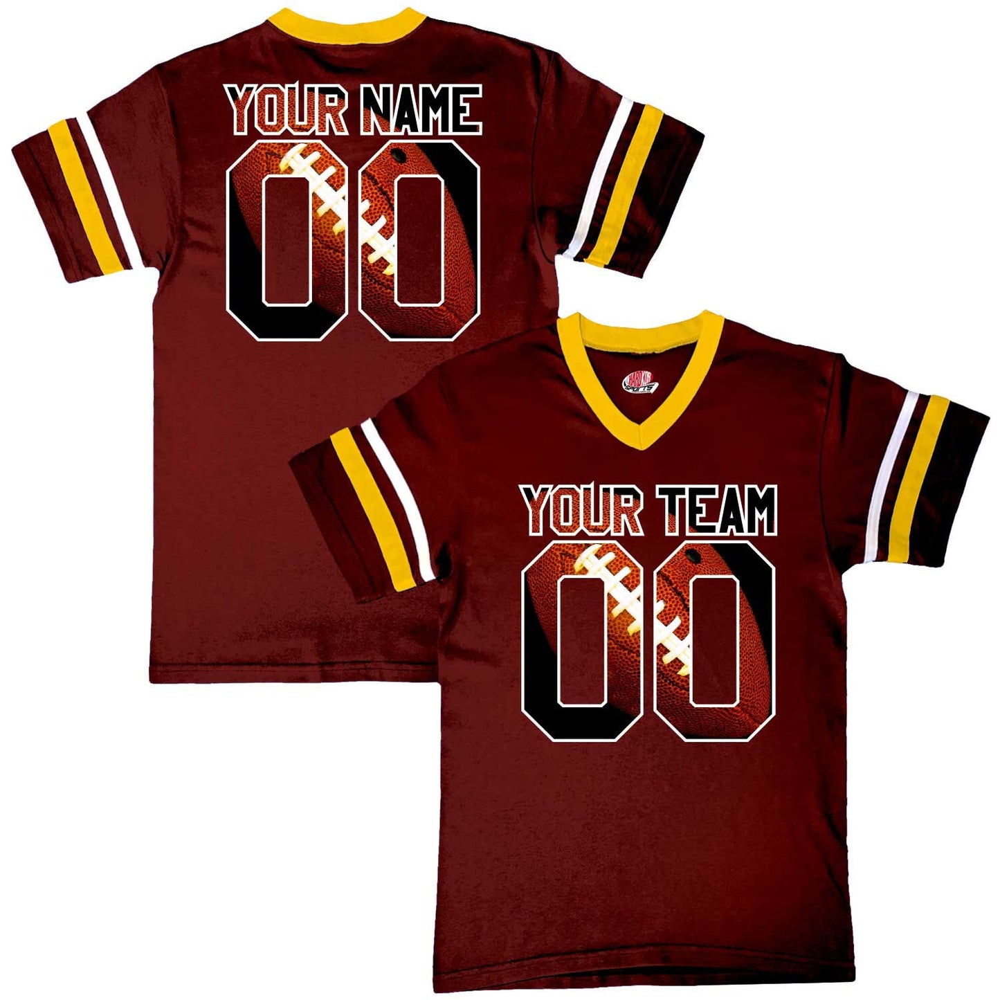 Stripe Sleeve Fan Wear Custom Football Jerseys with Classy Football Print Design - includes Your Names and Numbers.