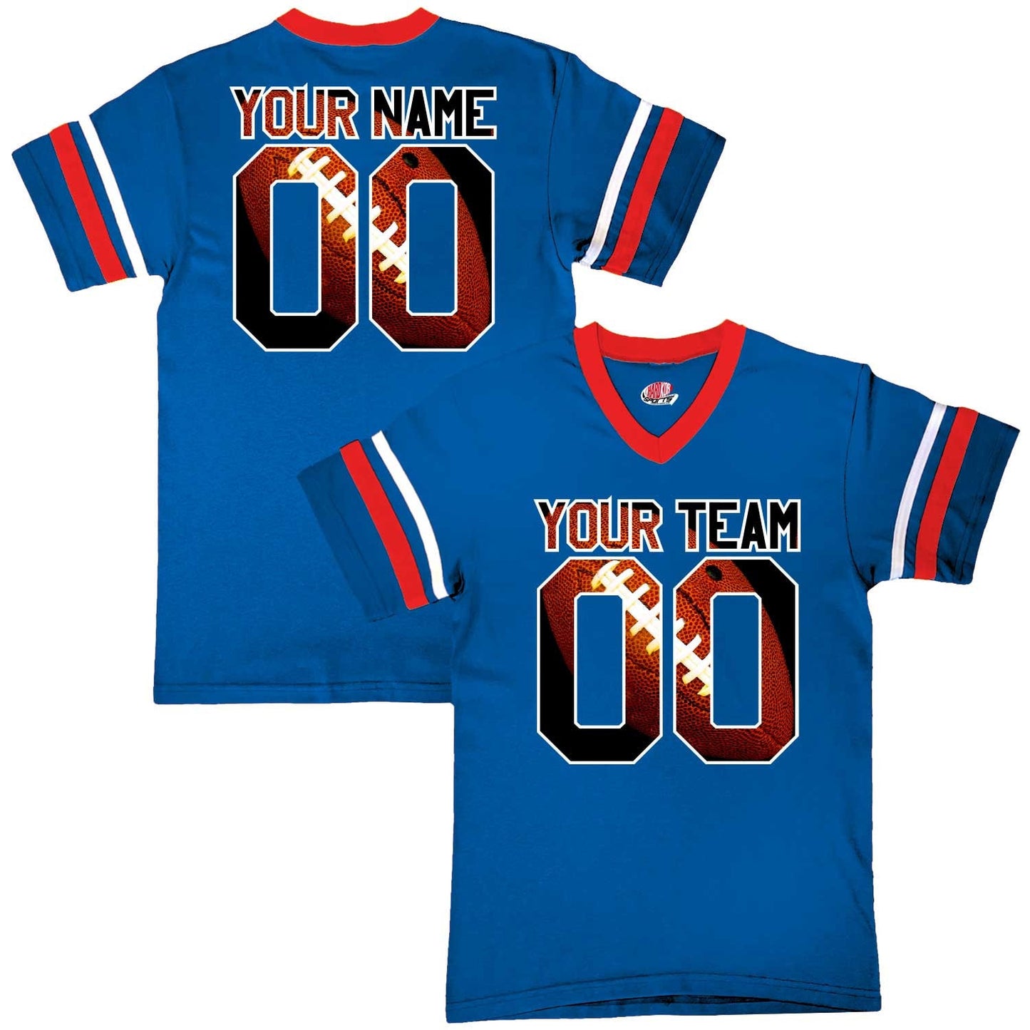 Stripe Sleeve Fan Wear Custom Football Jerseys with Classy Football Print Design - includes Your Names and Numbers.