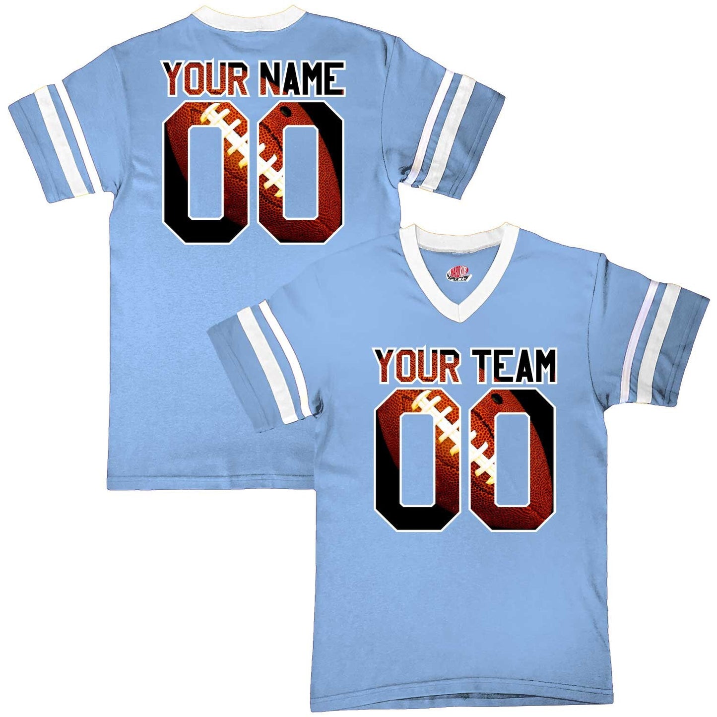 Stripe Sleeve Fan Wear Custom Football Jerseys with Classy Football Print Design - includes Your Names and Numbers.