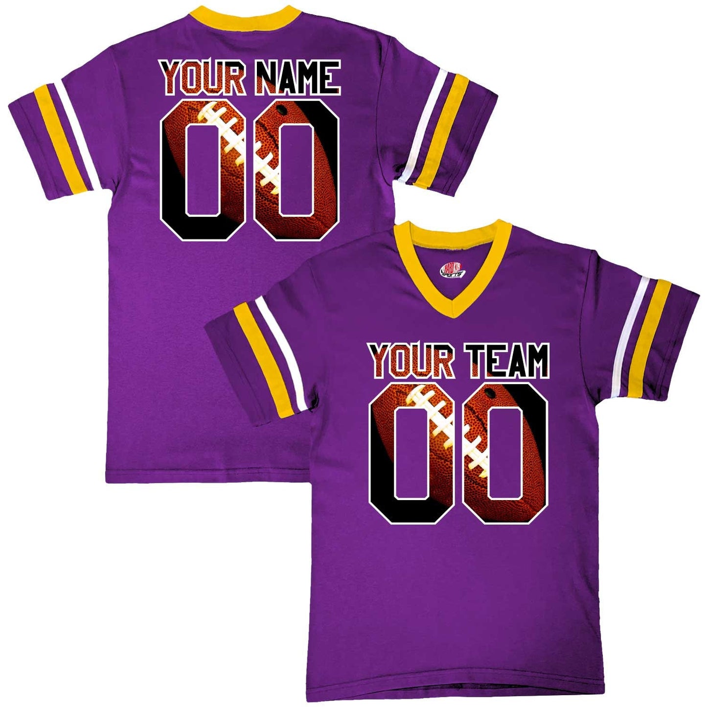 Stripe Sleeve Fan Wear Custom Football Jerseys with Classy Football Print Design - includes Your Names and Numbers.