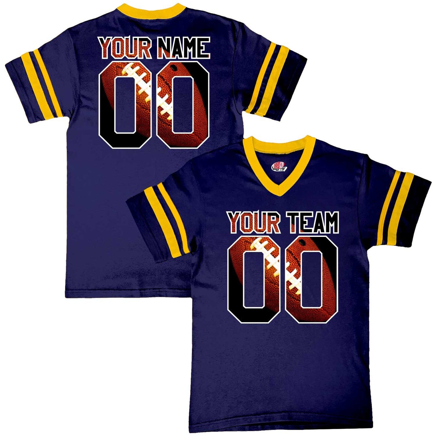 Stripe Sleeve Fan Wear Custom Football Jerseys with Classy Football Print Design - includes Your Names and Numbers.