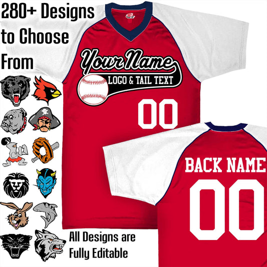 Scarlet Red, White and Navy Blue Customizable Baseball Jersey with Your Team, Player Name and Numbers Custom Baseball Logo