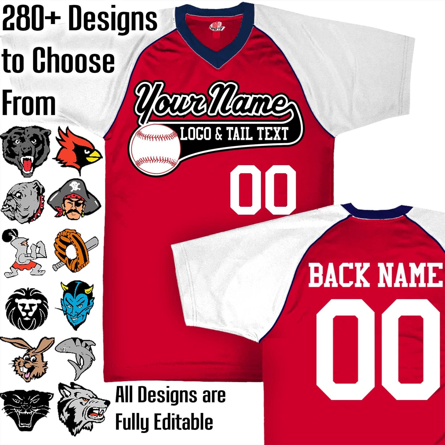 Scarlet Red, White and Navy Blue Customizable Baseball Jersey with Your Team, Player Name and Numbers Custom Baseball Logo