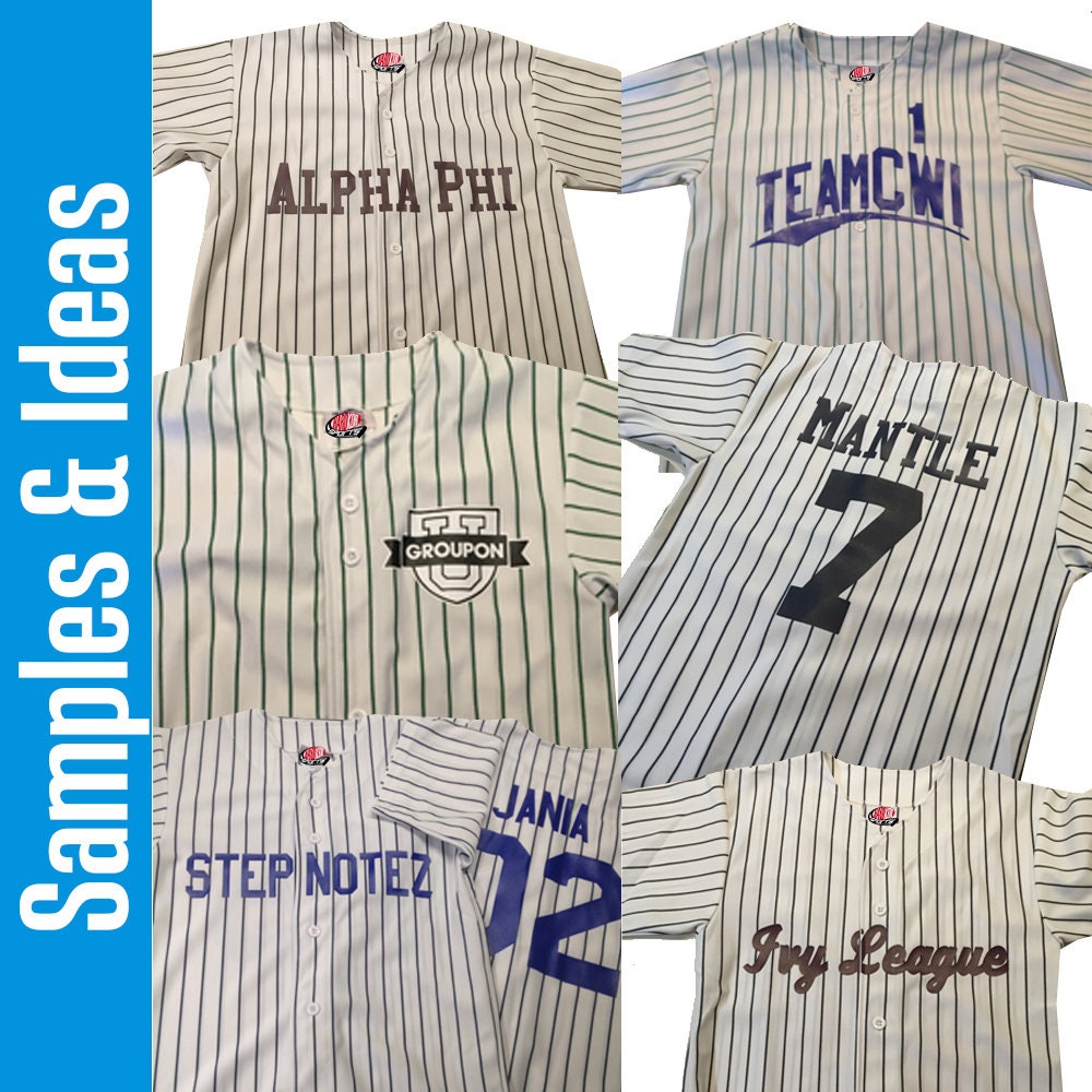 Custom Pinstriped Baseball Jersey| Full Button Down, White with VERY DARK Navy Blue Pinstripes Personalized Jersey with Team, Player, Number