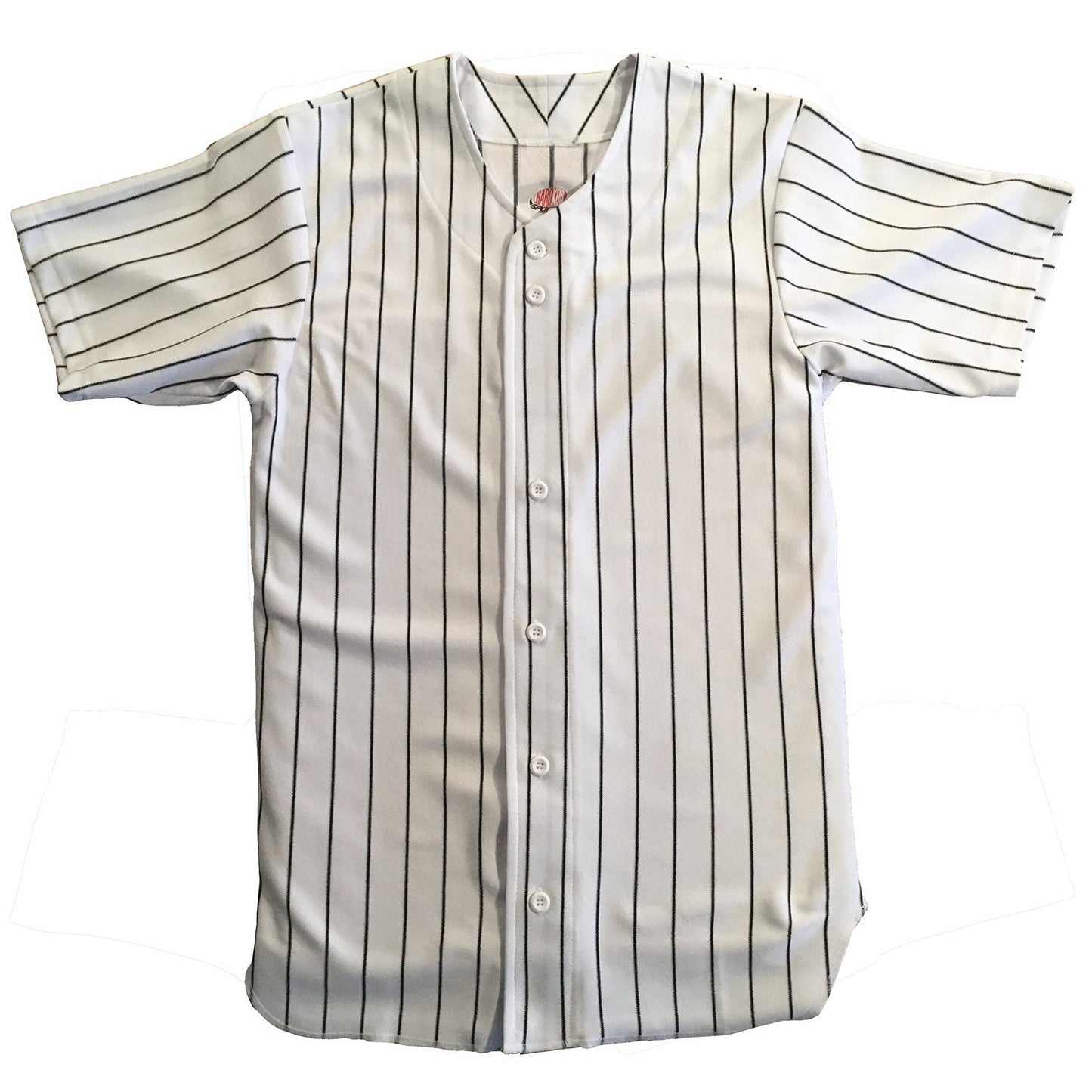 Custom Pinstriped Baseball Jersey| Full Button Down, White with VERY DARK Navy Blue Pinstripes Personalized Jersey with Team, Player, Number