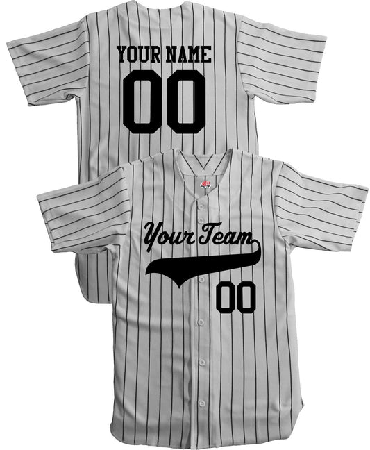 Customized Pinstriped Baseball Jersey| Full Button Down, Grey with Black Pinstripes Personalized Jersey with your Team, Player, Numbers