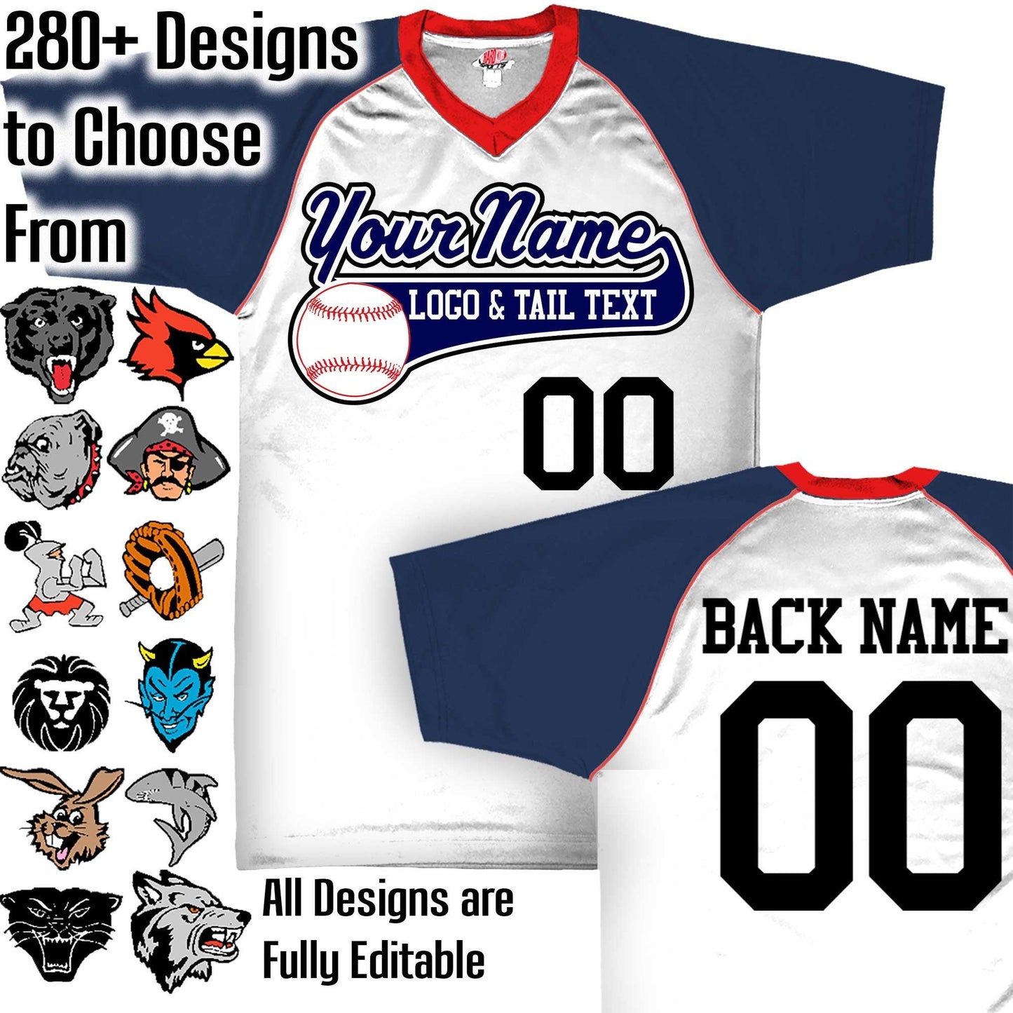 White, Navy Blue and Scarlet Red Custom Baseball Jersey with Your Team, Player Name and Numbers Custom Baseball Logo