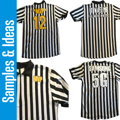 Custom Referee Jersey for Officials V-Neck Black & White Stripes Personalized with Names, Numbers and Personalized Messages