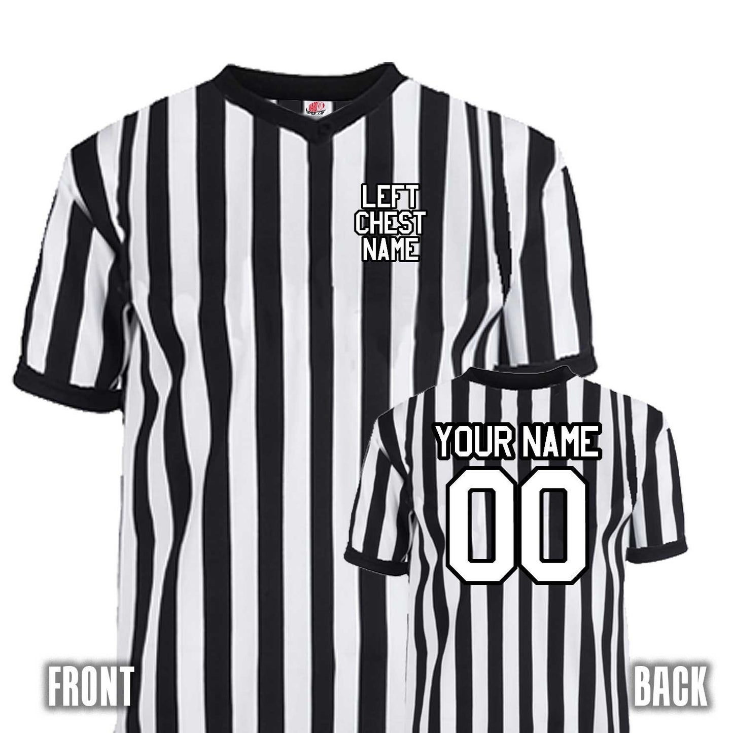 Custom Referee Jersey for Officials V-Neck Black & White Stripes Personalized with Names, Numbers and Personalized Messages