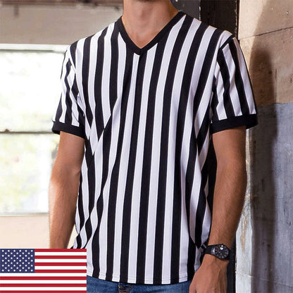 Custom Referee Jersey for Officials V-Neck Black & White Stripes Personalized with Names, Numbers and Personalized Messages