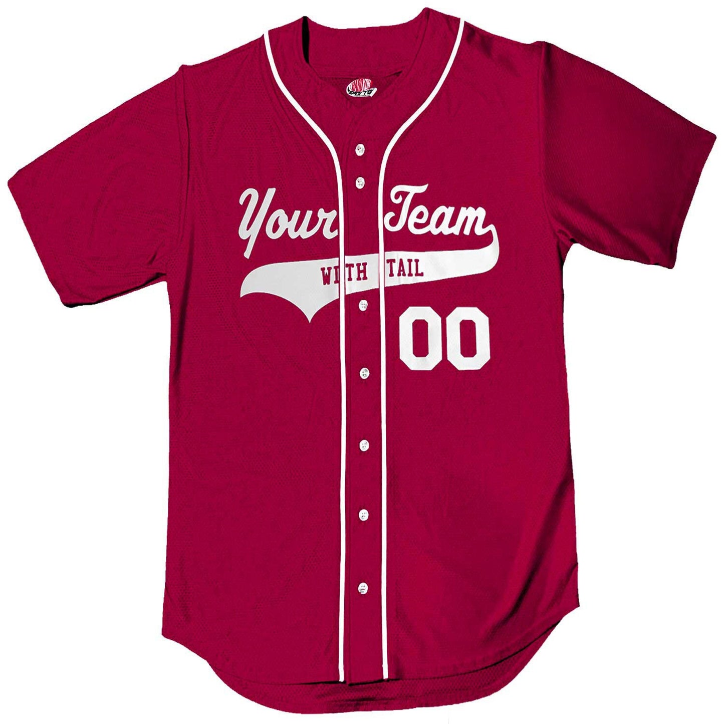 Cardinal Red Baseball Jersey with White Braid Personalized with Team Baseball Logo with Tail, Player Name and Numbers