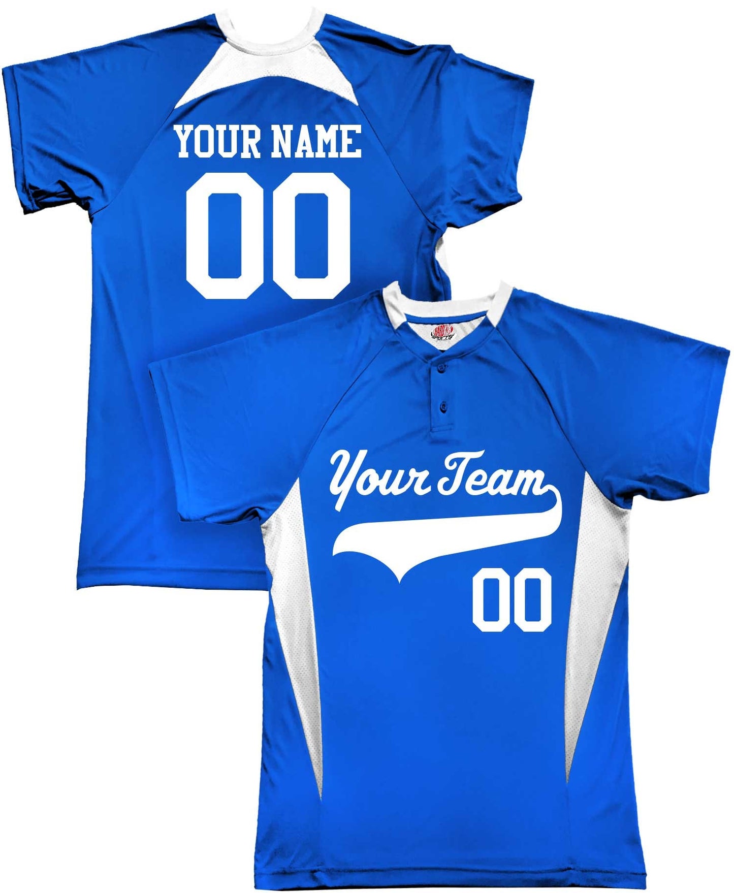 Two Button Side Angle Custom Baseball Jersey With Your Team as a Custom Baseball Logo Plus Player names and numbers