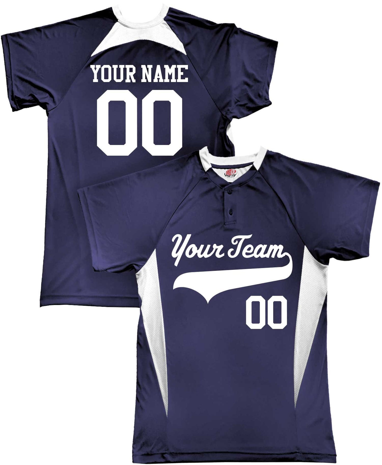 Two Button Side Angle Custom Baseball Jersey With Your Team as a Custom Baseball Logo Plus Player names and numbers