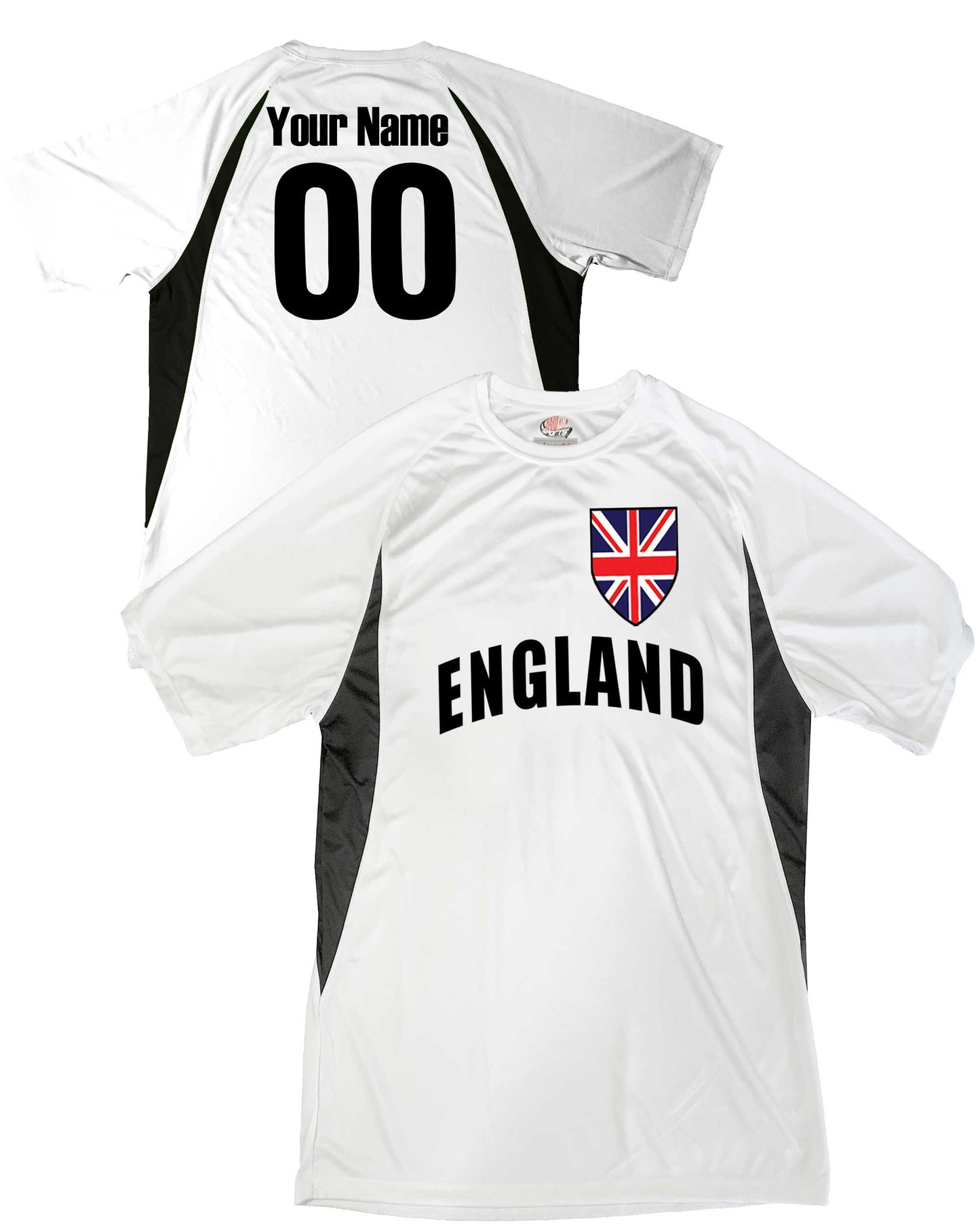 England Soccer Jersey Union Jack Great Britain Shield Design Customized with Your Names and Numbers in Your choice of Popular Colors