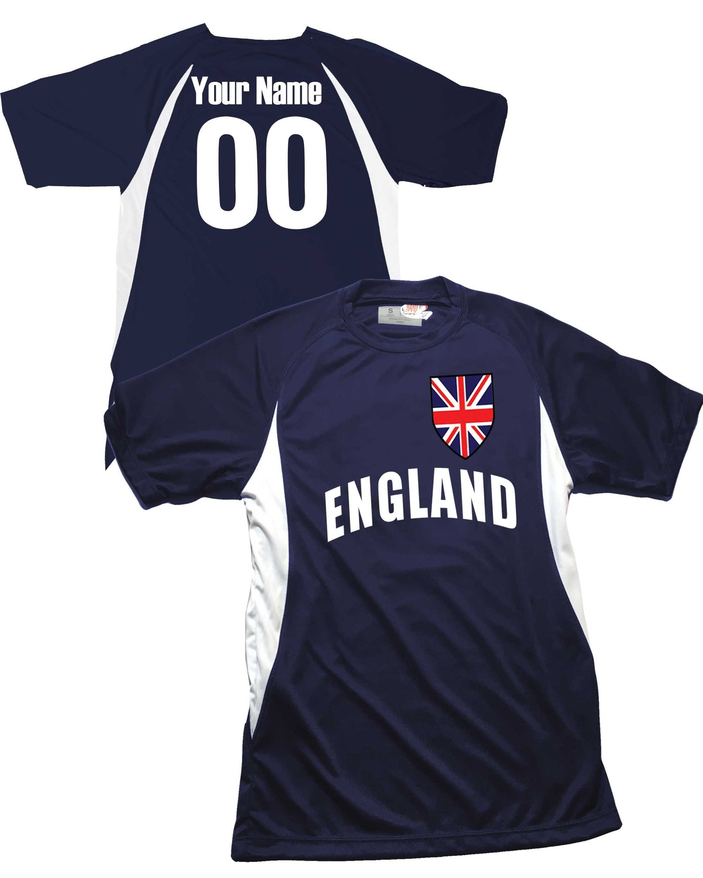 England Soccer Jersey Union Jack Great Britain Shield Design Customized with Your Names and Numbers in Your choice of Popular Colors