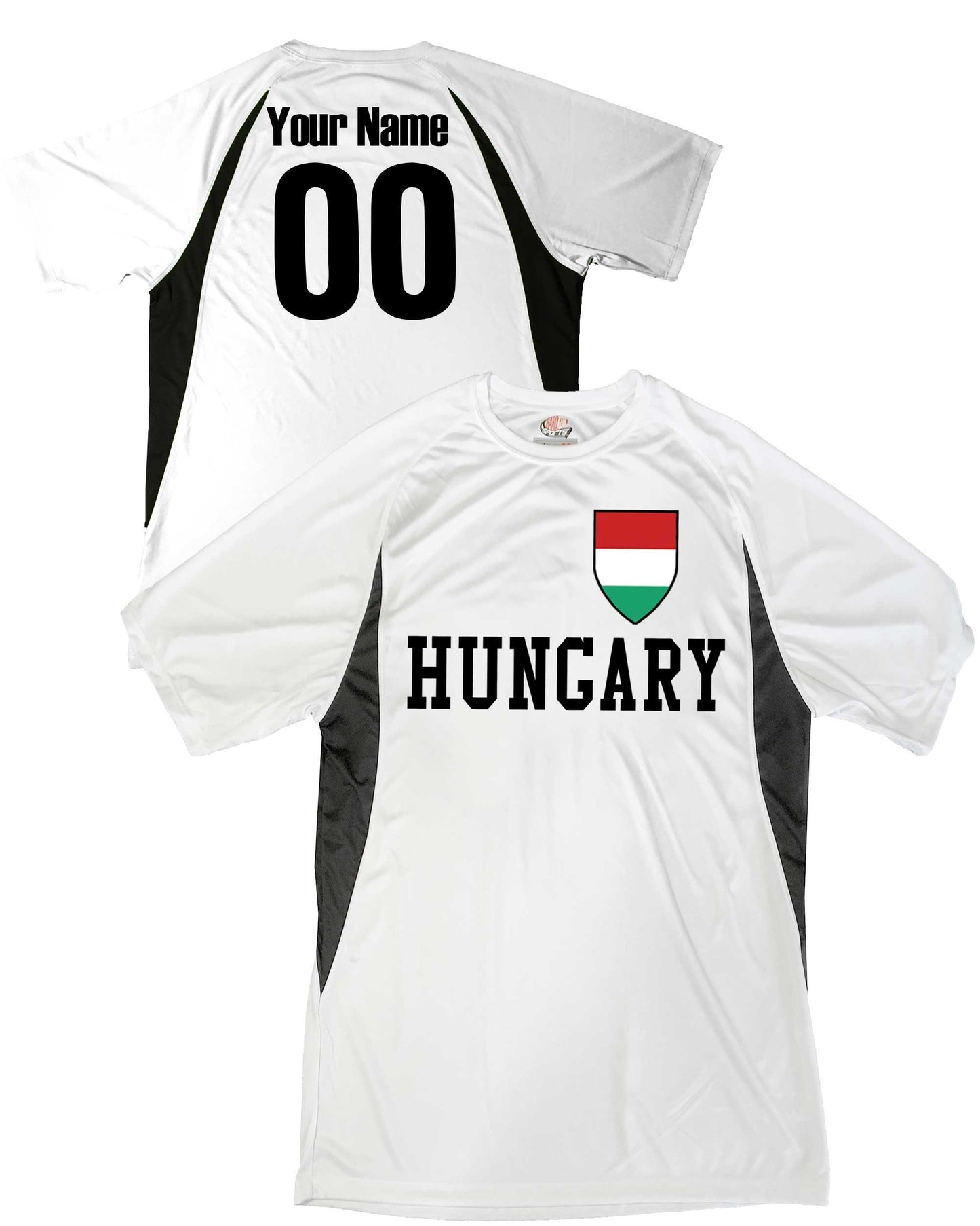 Hungary Soccer Jersey, Hungarian Flag Soccer Shield Design, Customized with Your Names and Numbers in Your choice of Popular Colors