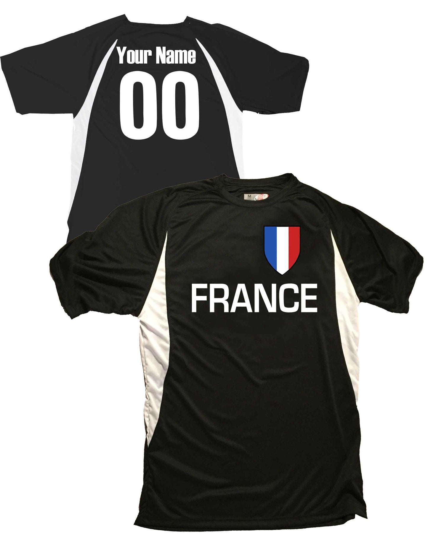 France Soccer Jersey, French Flag Soccer Shield Design, Customized with Your Names and Numbers in Your choice of Popular Colors