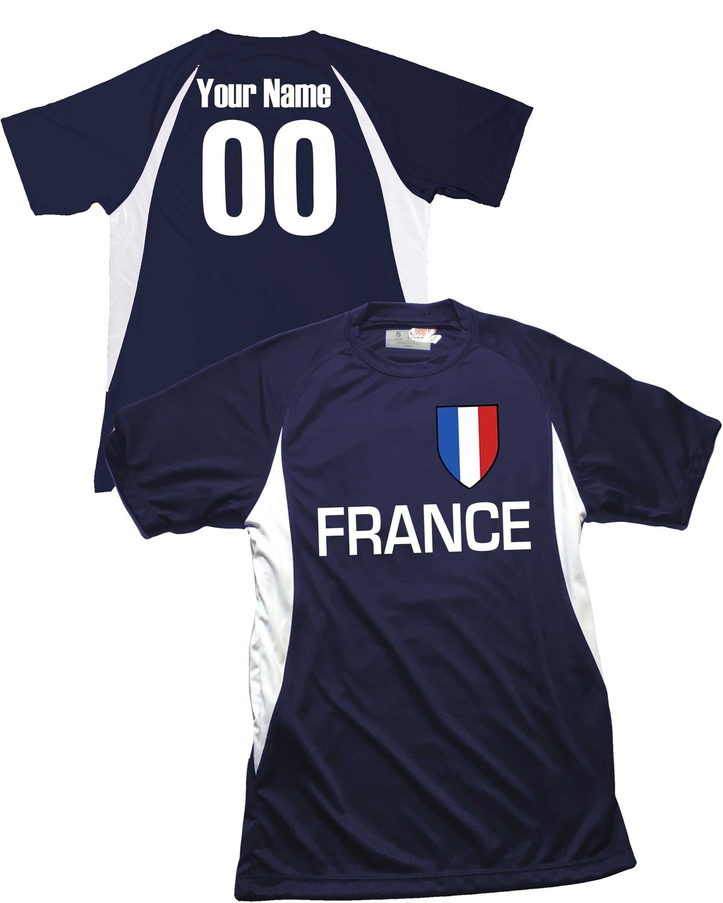 France Soccer Jersey, French Flag Soccer Shield Design, Customized with Your Names and Numbers in Your choice of Popular Colors