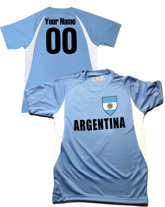 Argentina Soccer Jersey, Argentinian Flag Shield Design, Customized with Your Names and Numbers in Your choice of Popular Colors