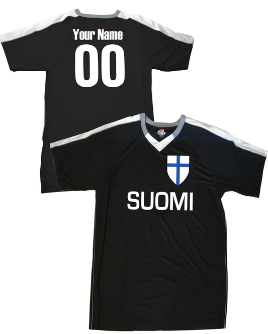 Suomi Customized Soccer Jersey written in the Finnish word for Finland, Personalized Player Name and Number Printed on Back