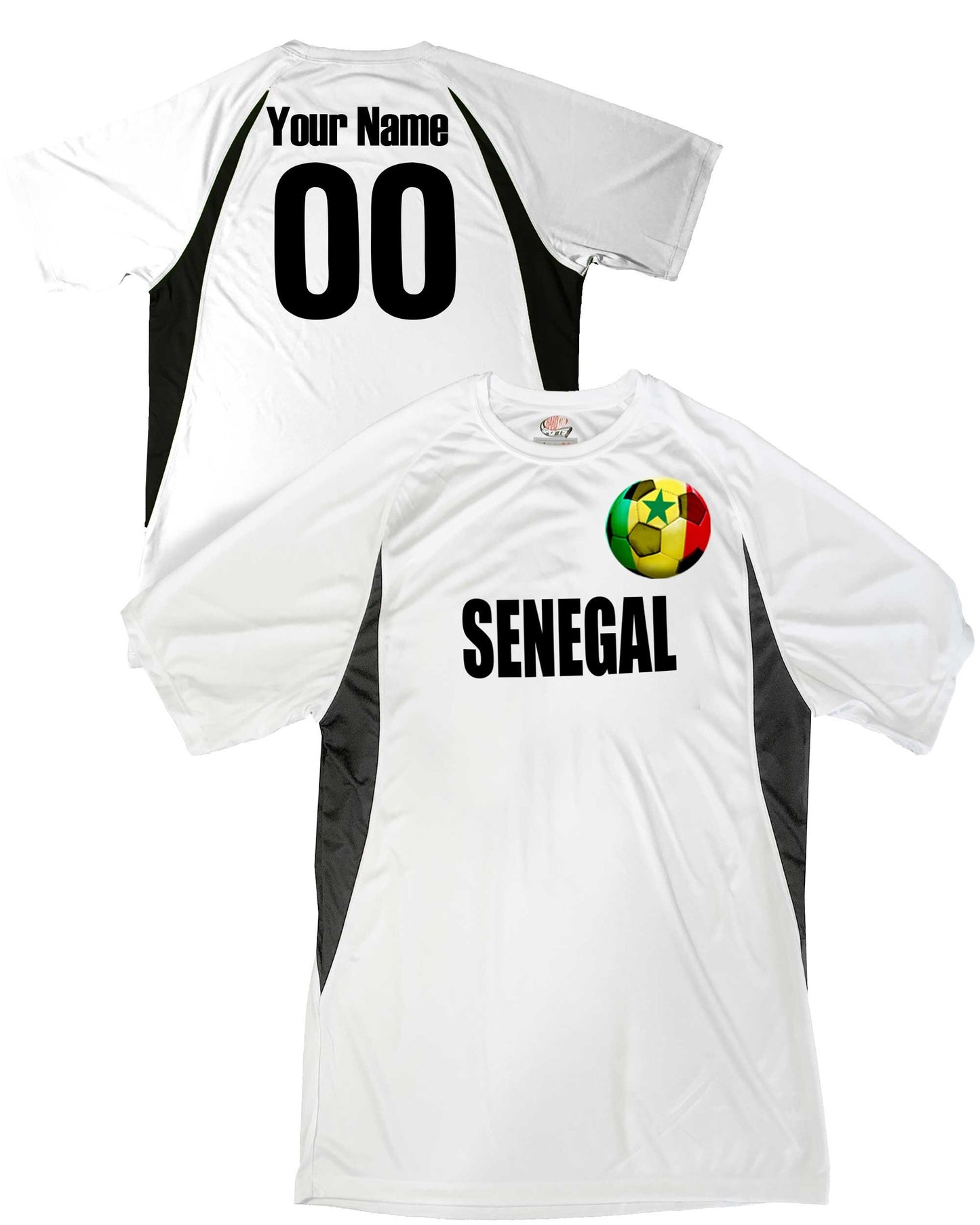 Senegal Custom Futbol Jersey with Senegalese Flag Superimposed over a Soccer Ball Design, Personalized with your Names and Numbers