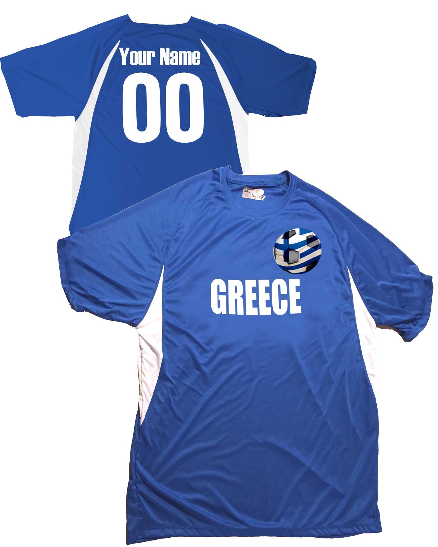 Personalized Greece Soccer Ball Jersey with Grecian Flag over Soccer Ball Design, Customize with Names and Numbers