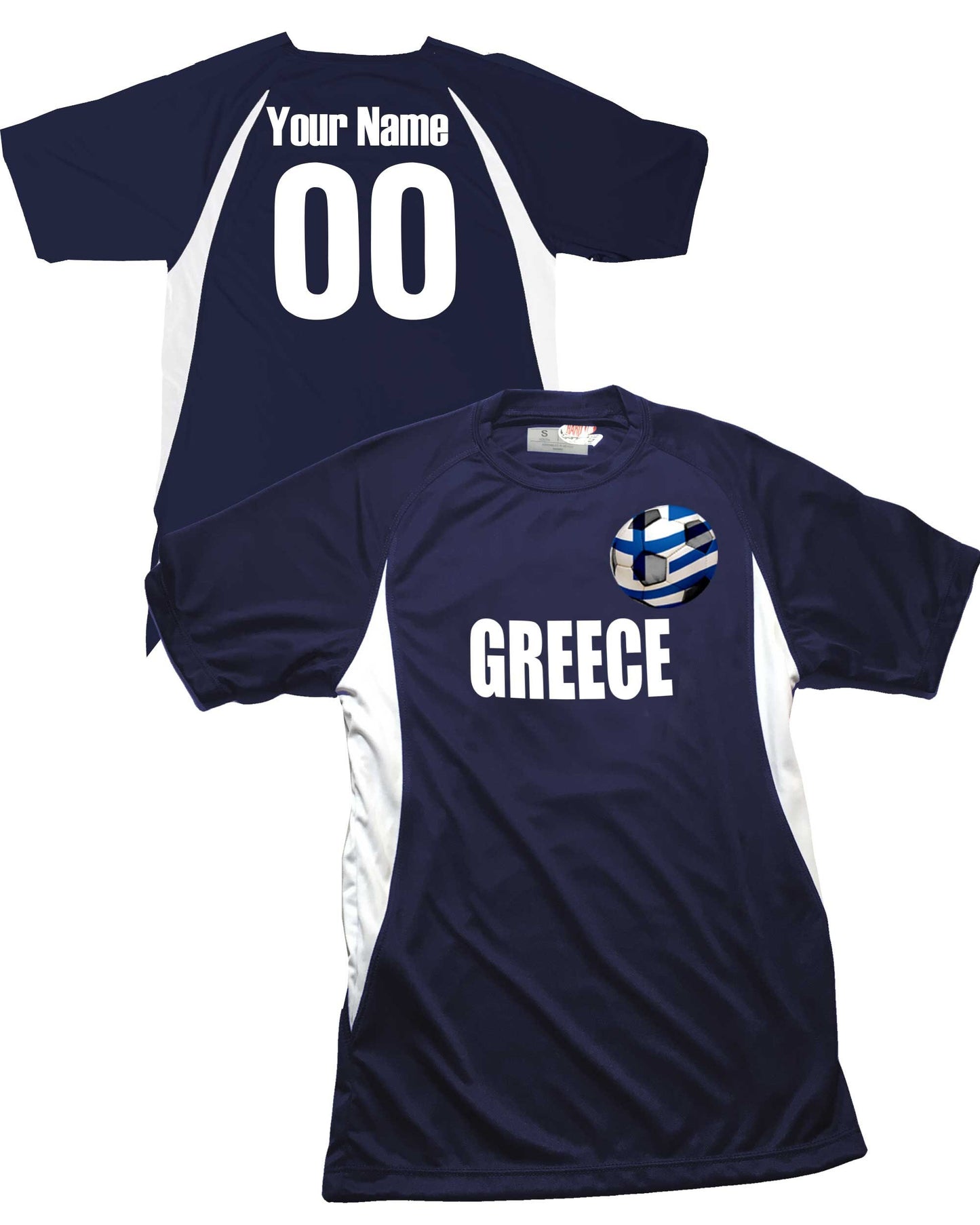 Personalized Greece Soccer Ball Jersey with Grecian Flag over Soccer Ball Design, Customize with Names and Numbers