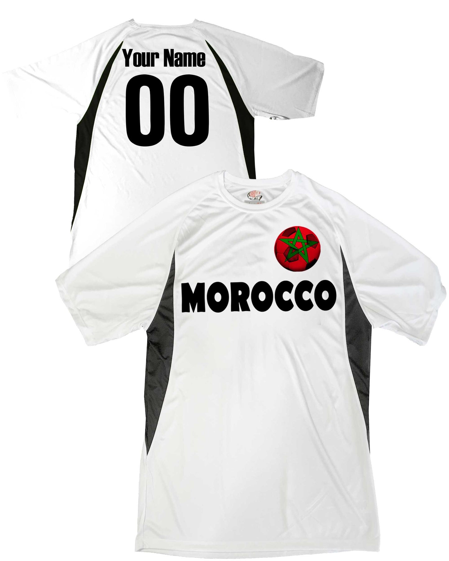 Morocco Soccer Jersey, Moroccan Flag Soccer Ball Design, Customized with Your Names and Numbers in Your choice of Popular Colors