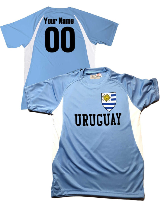 Uruguay Soccer Jersey, Uruguayan Flag Soccer Shield Design, Customized with Your Names and Numbers in Your choice of Popular Colors