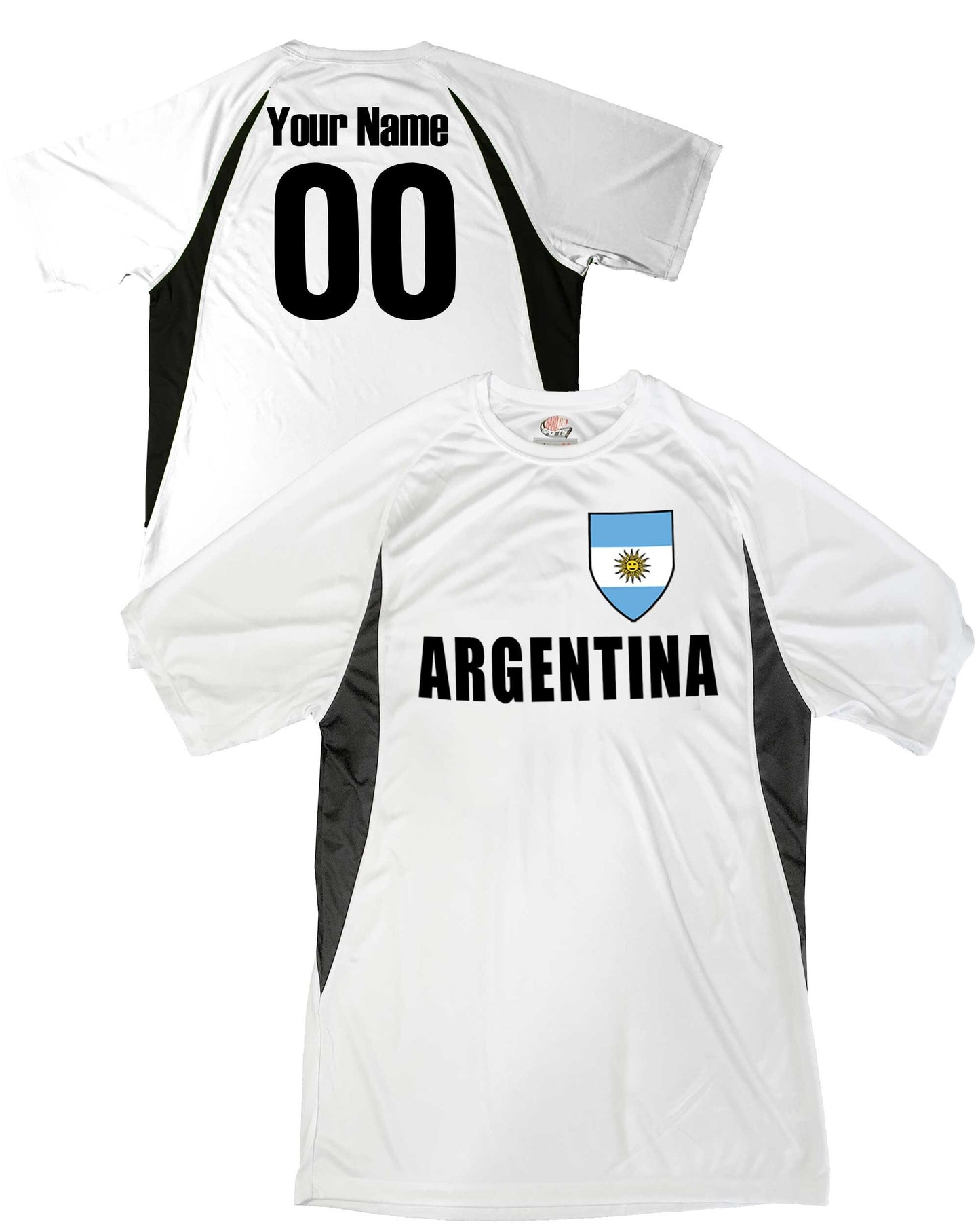 Argentina Soccer Jersey, Argentinian Flag Shield Design, Customized with Your Names and Numbers in Your choice of Popular Colors