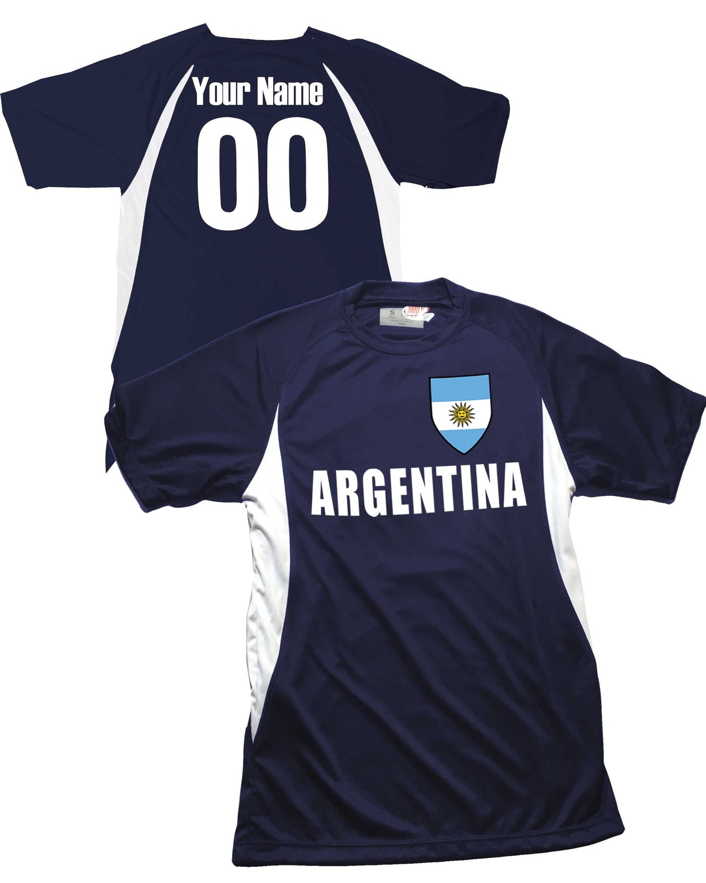 Argentina Soccer Jersey, Argentinian Flag Shield Design, Customized with Your Names and Numbers in Your choice of Popular Colors