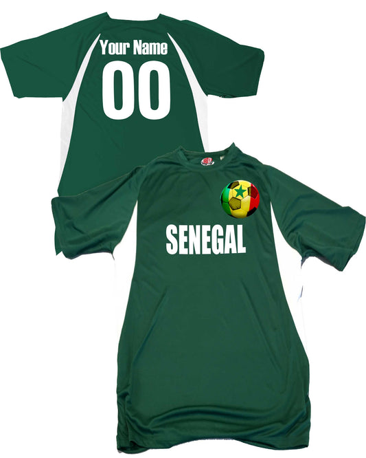Senegal Custom Futbol Jersey with Senegalese Flag Superimposed over a Soccer Ball Design, Personalized with your Names and Numbers
