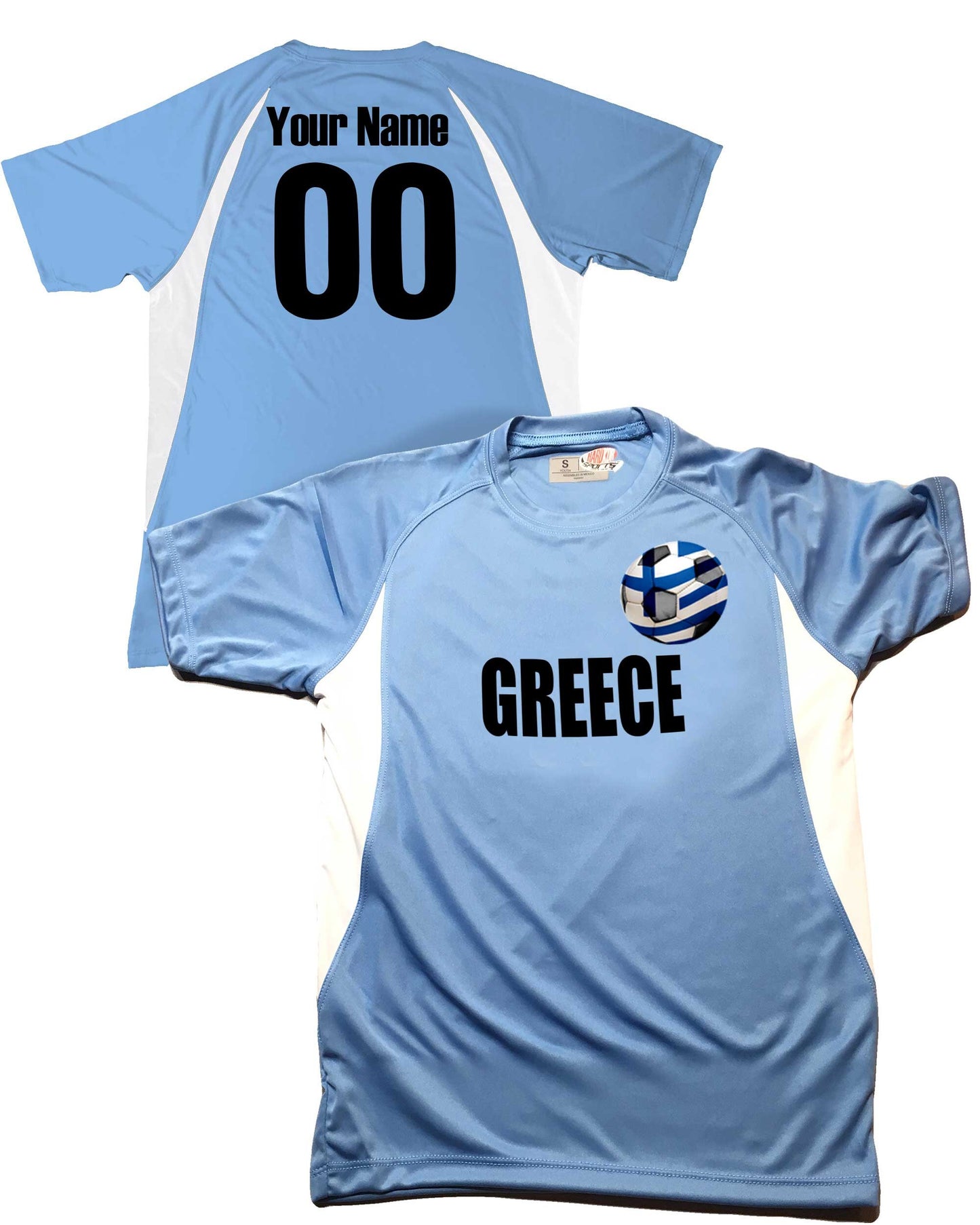 Personalized Greece Soccer Ball Jersey with Grecian Flag over Soccer Ball Design, Customize with Names and Numbers