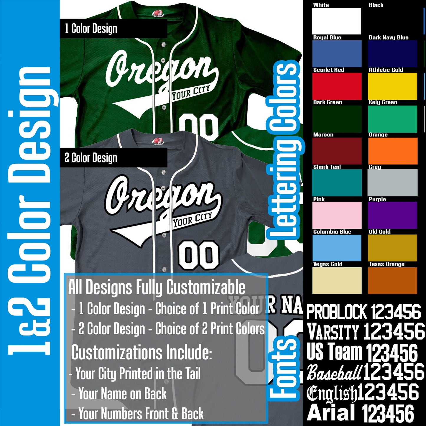 Custom Oregon Baseball Jersey, Dark Green or Graphite Grey, Personalized with Your City, Your Name and Numbers, Choice of Print Options