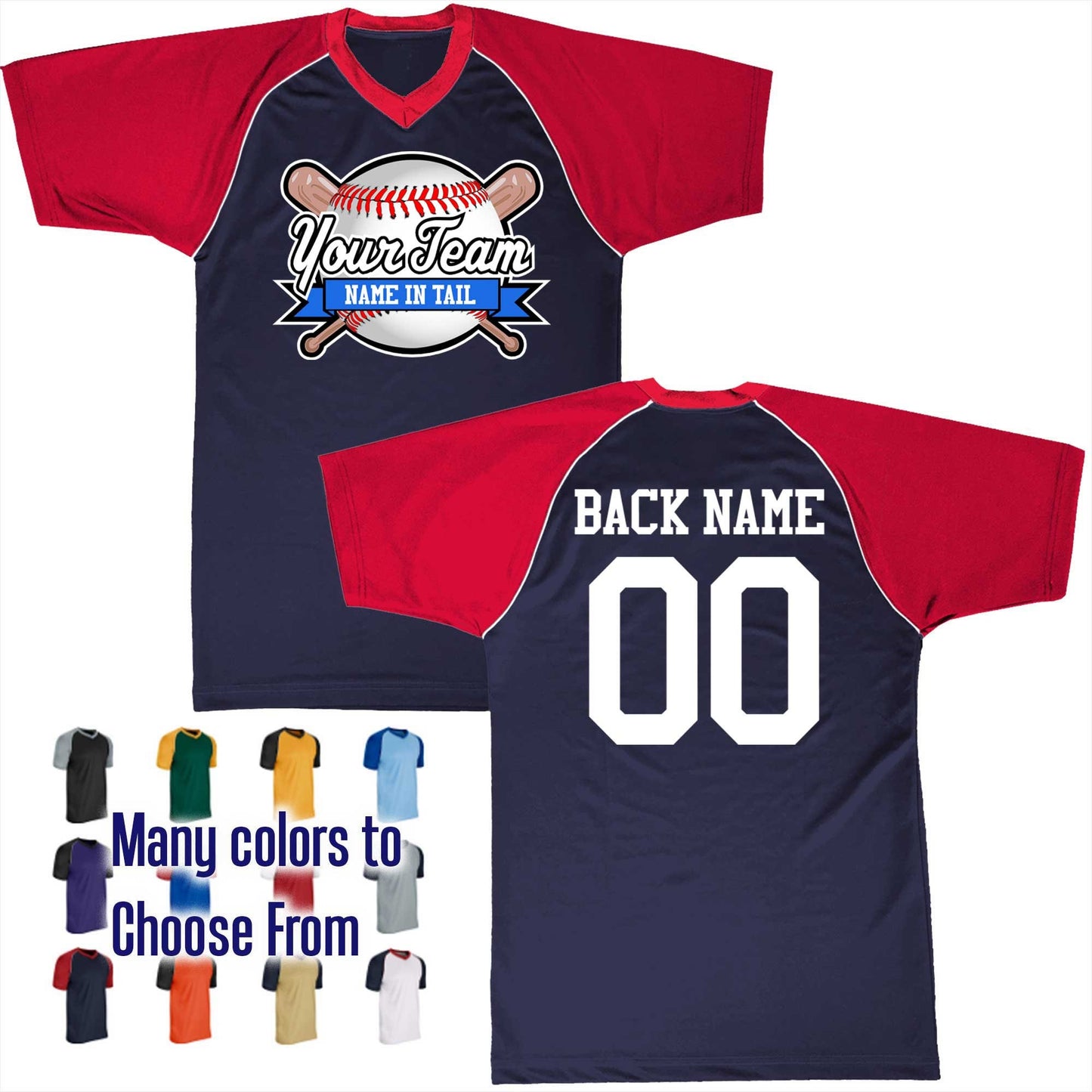 Baseball All Star Ribbon Bat Ball Logo V-Neck Custom Baseball Jersey Customized, Player Names and Numbers, Economical Printed in USA
