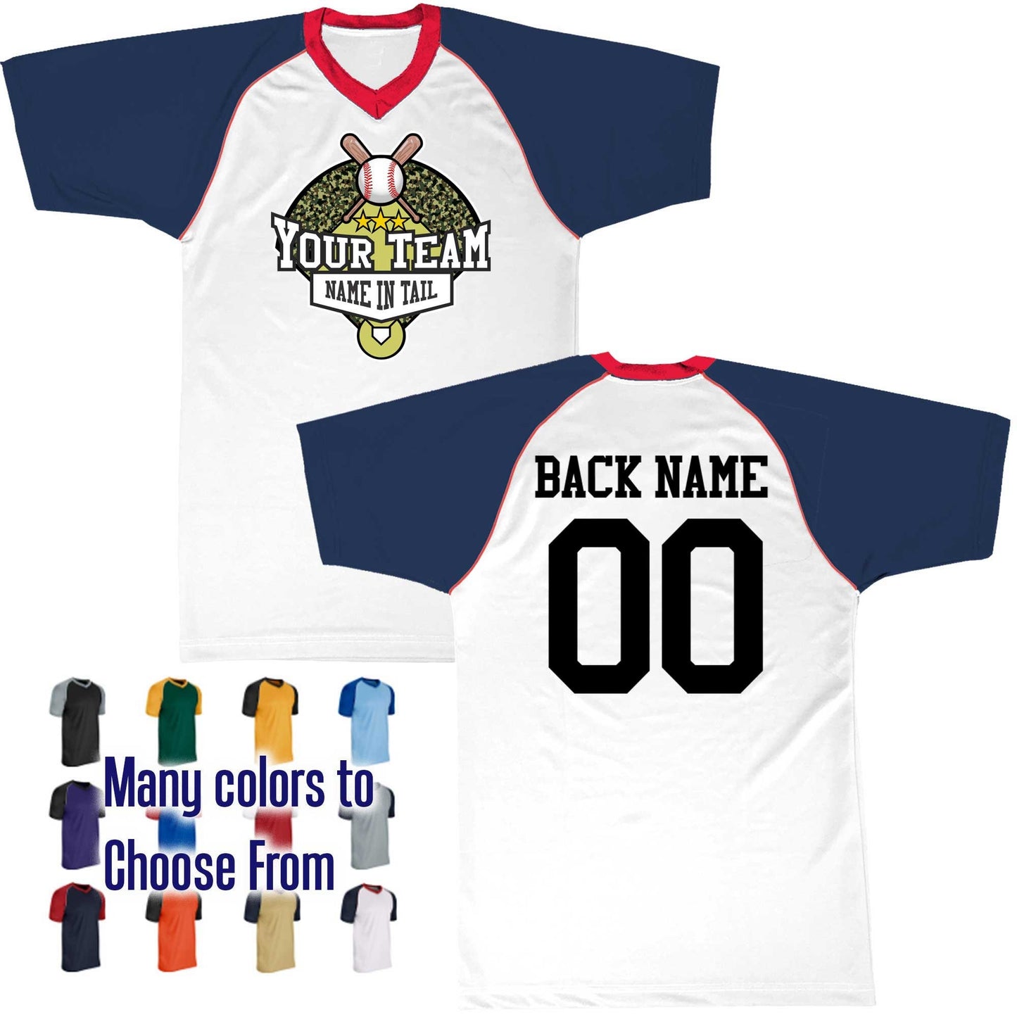 Baseball Camo Diamond 4 Curve Ball Text Logo V-Neck Custom Baseball Jersey Customized, Player Names and Numbers, Economical Printed in USA