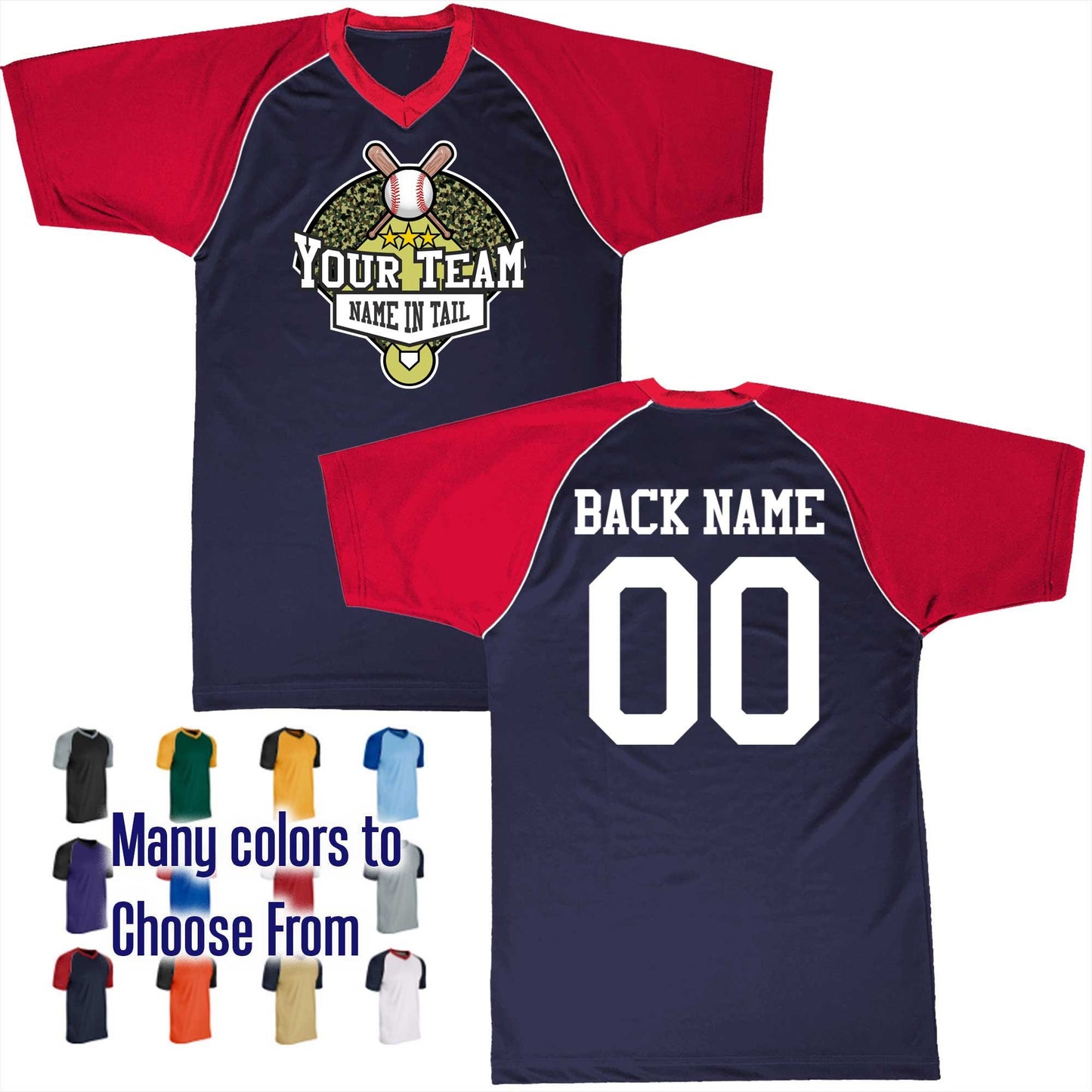 Baseball Camo Diamond 4 Curve Ball Text Logo V-Neck Custom Baseball Jersey Customized, Player Names and Numbers, Economical Printed in USA