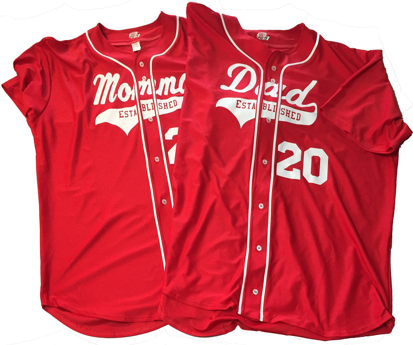 Gender Reveal, Birth Announcement, Baby Shower, Mommy & Daddy  Custom Baseball Jersey with Piping | Scarlet Red with White Piping