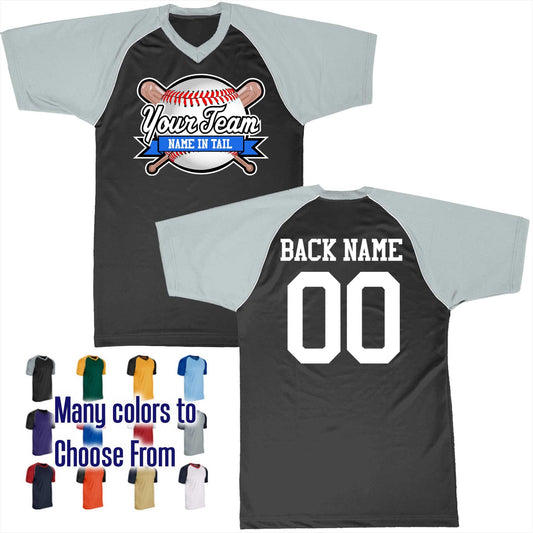 Baseball All Star Ribbon Bat Ball Logo V-Neck Custom Baseball Jersey Customized, Player Names and Numbers, Economical Printed in USA