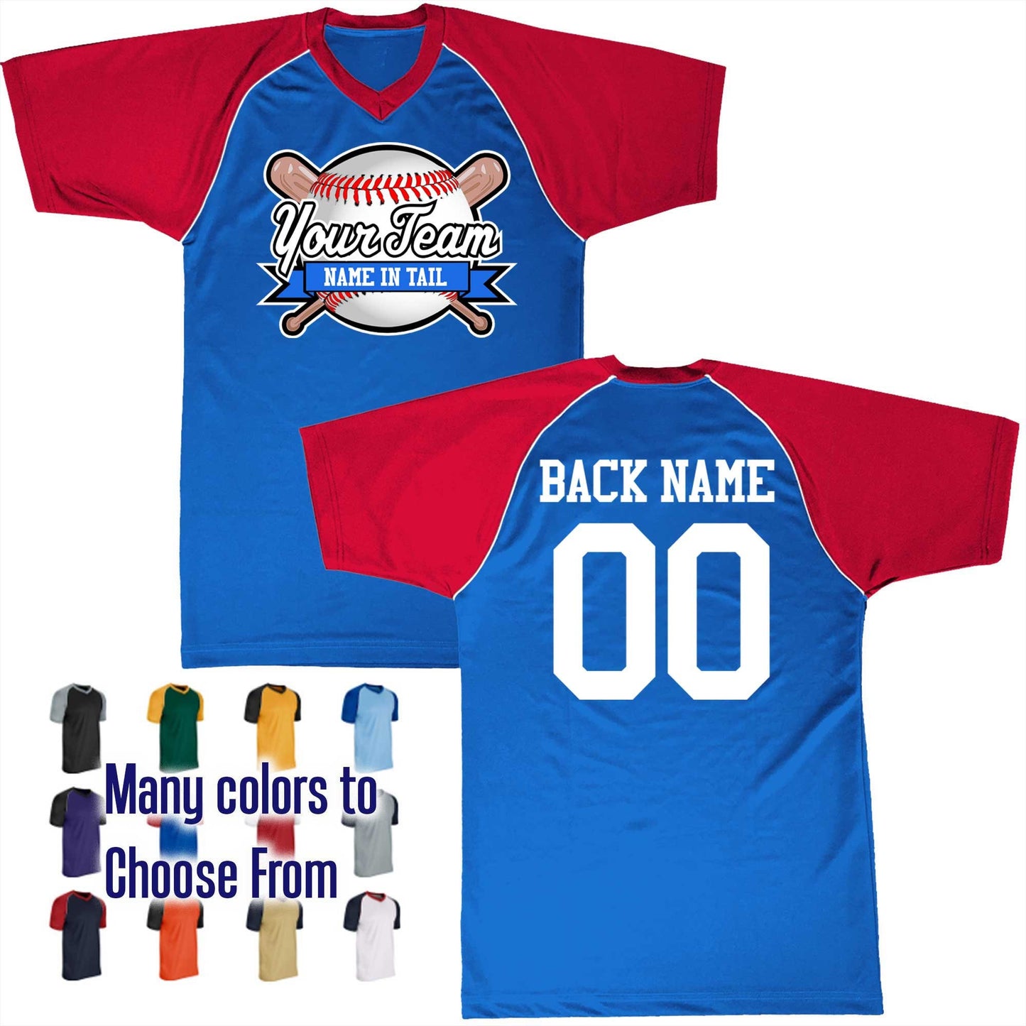 Baseball All Star Ribbon Bat Ball Logo V-Neck Custom Baseball Jersey Customized, Player Names and Numbers, Economical Printed in USA