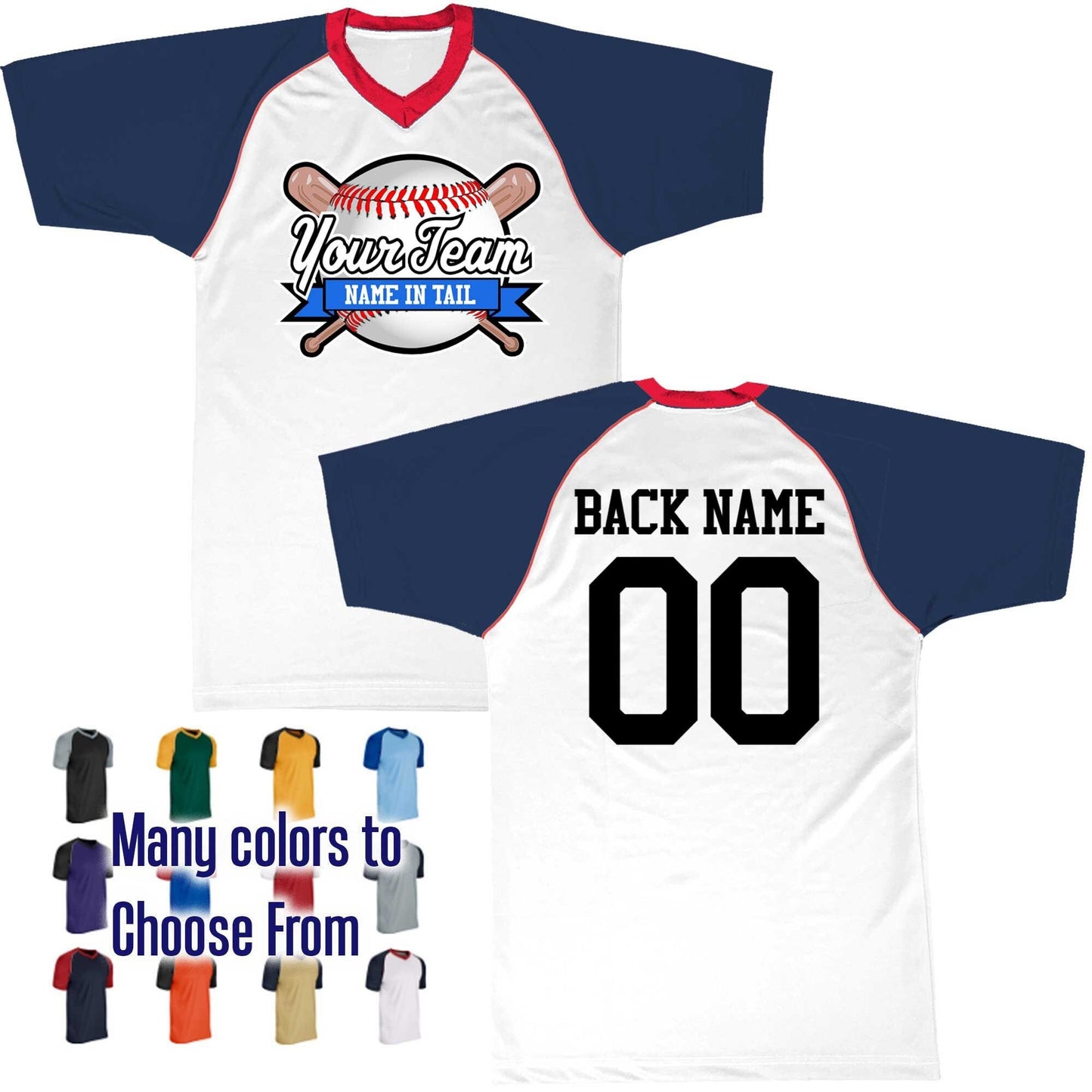 Baseball All Star Ribbon Bat Ball Logo V-Neck Custom Baseball Jersey Customized, Player Names and Numbers, Economical Printed in USA