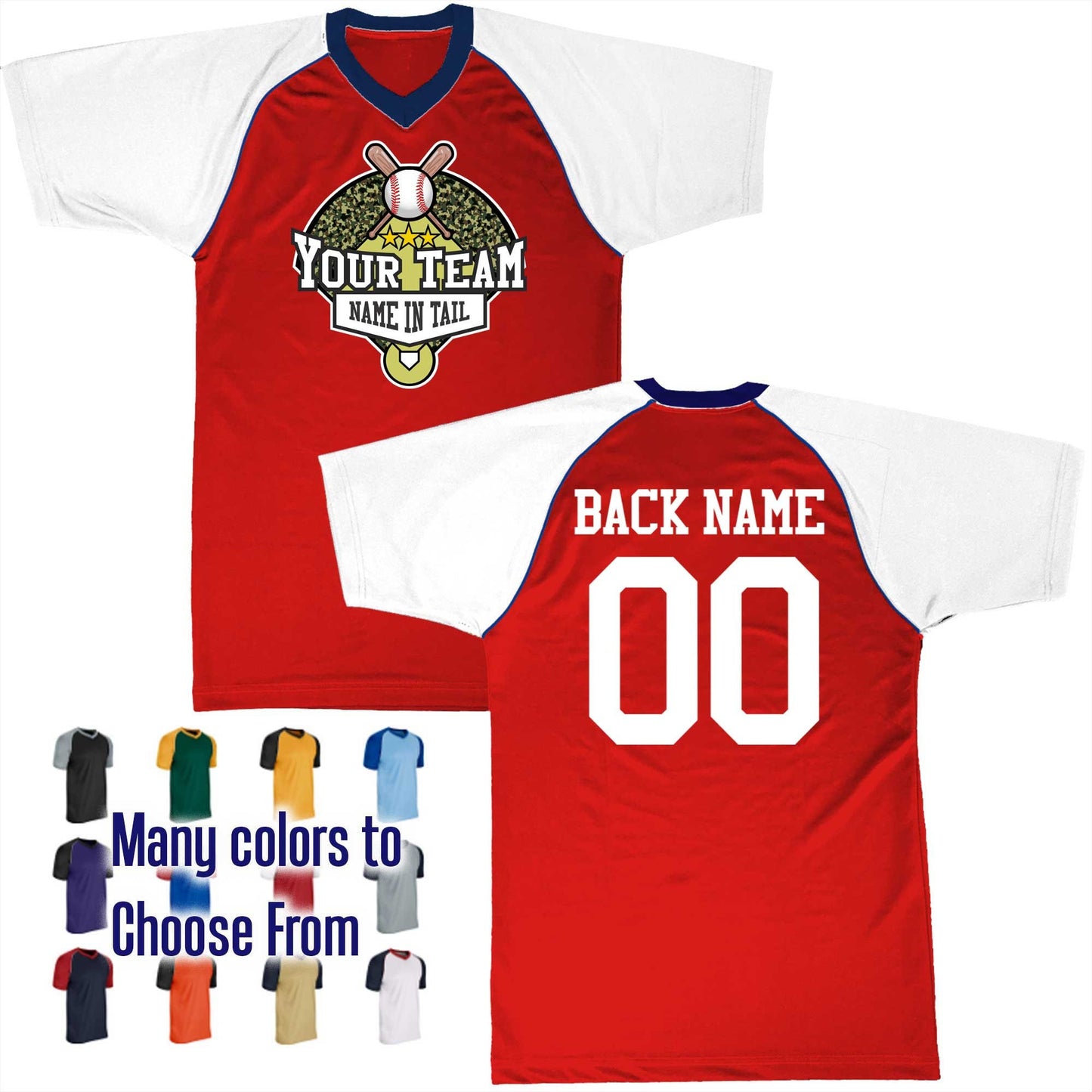 Baseball Camo Diamond 4 Curve Ball Text Logo V-Neck Custom Baseball Jersey Customized, Player Names and Numbers, Economical Printed in USA