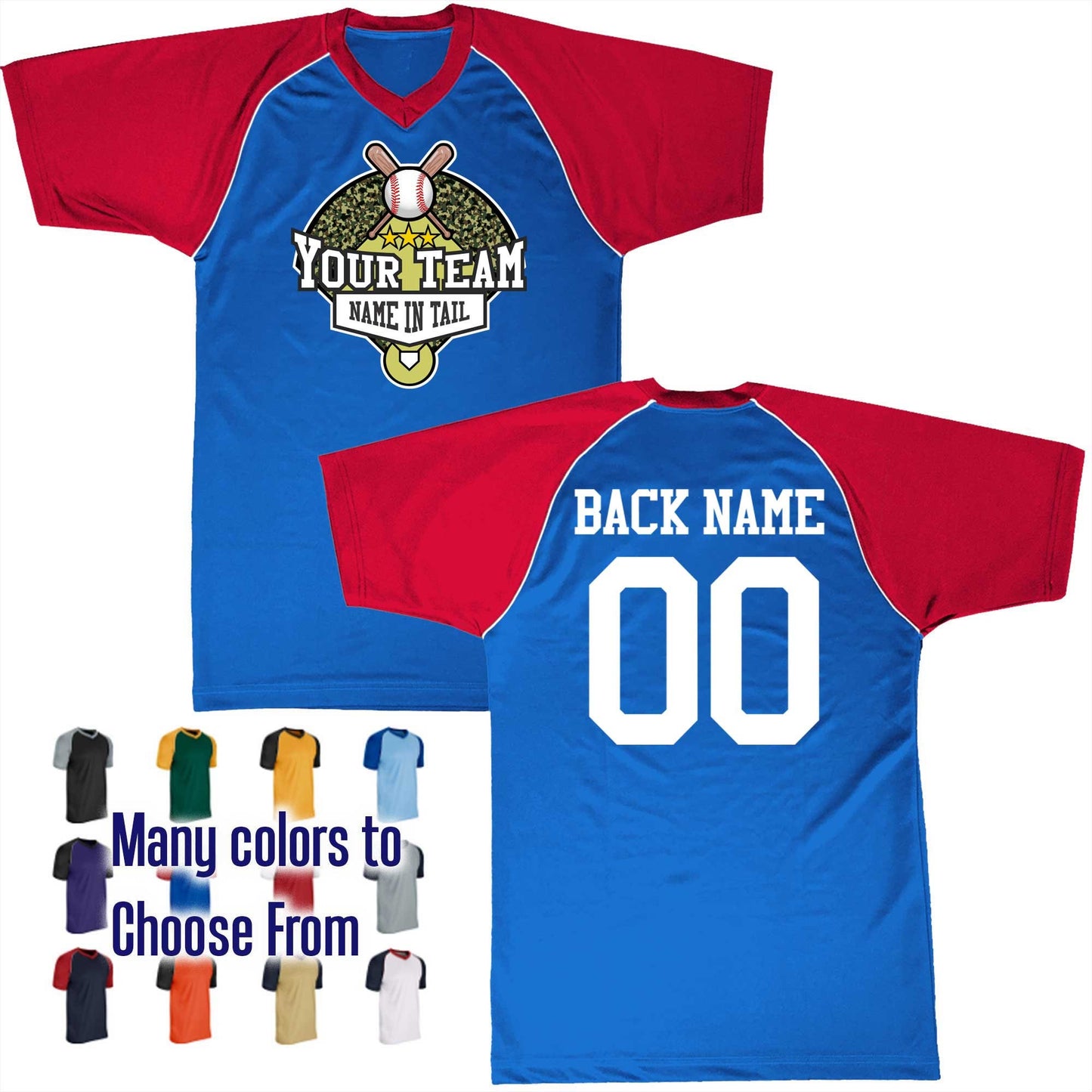 Baseball Camo Diamond 4 Curve Ball Text Logo V-Neck Custom Baseball Jersey Customized, Player Names and Numbers, Economical Printed in USA