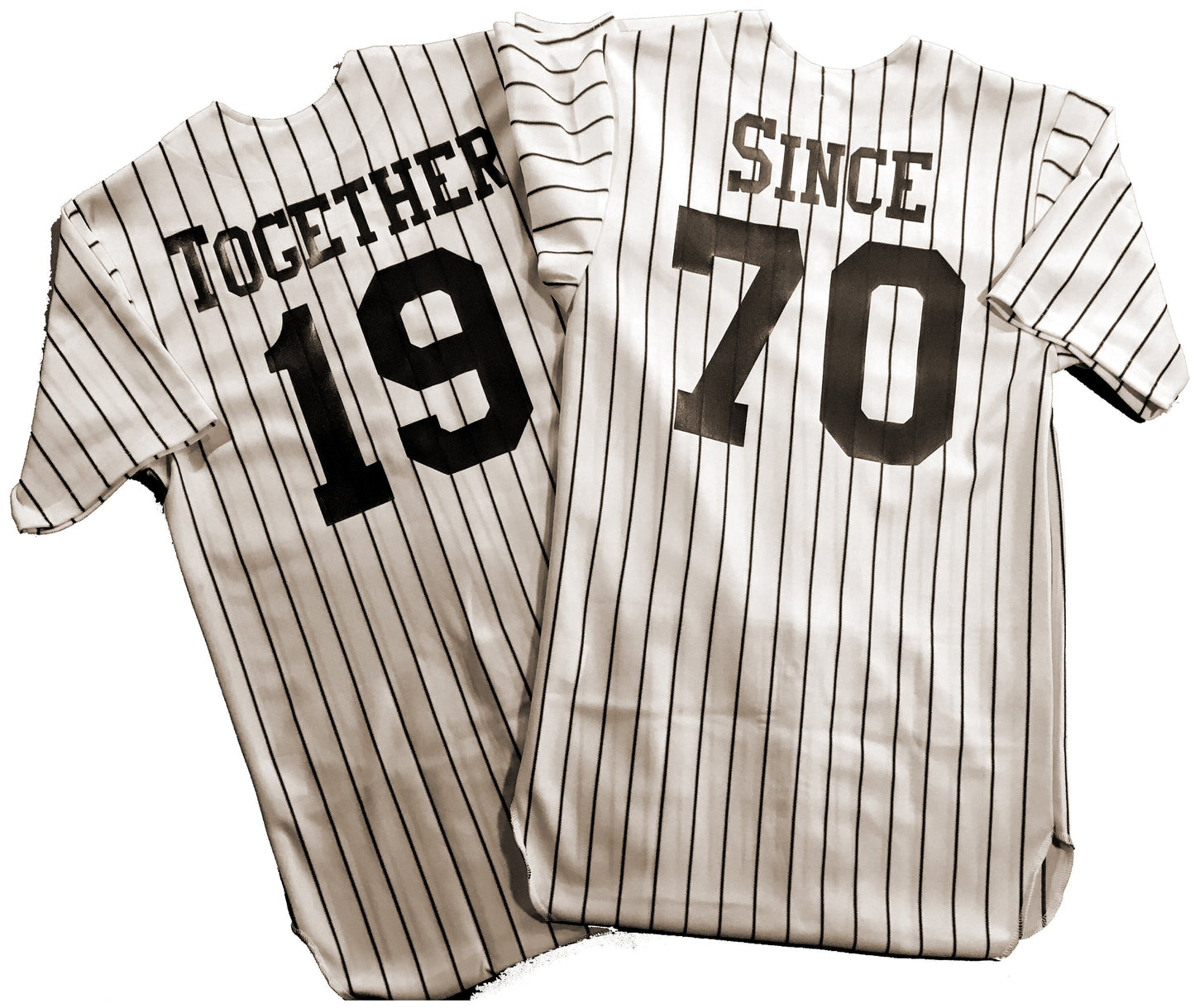 Together Since Anniversary Custom Pinstriped Baseball Jersey| Full Button Down, White with Black Pinstripes Personalized Jersey