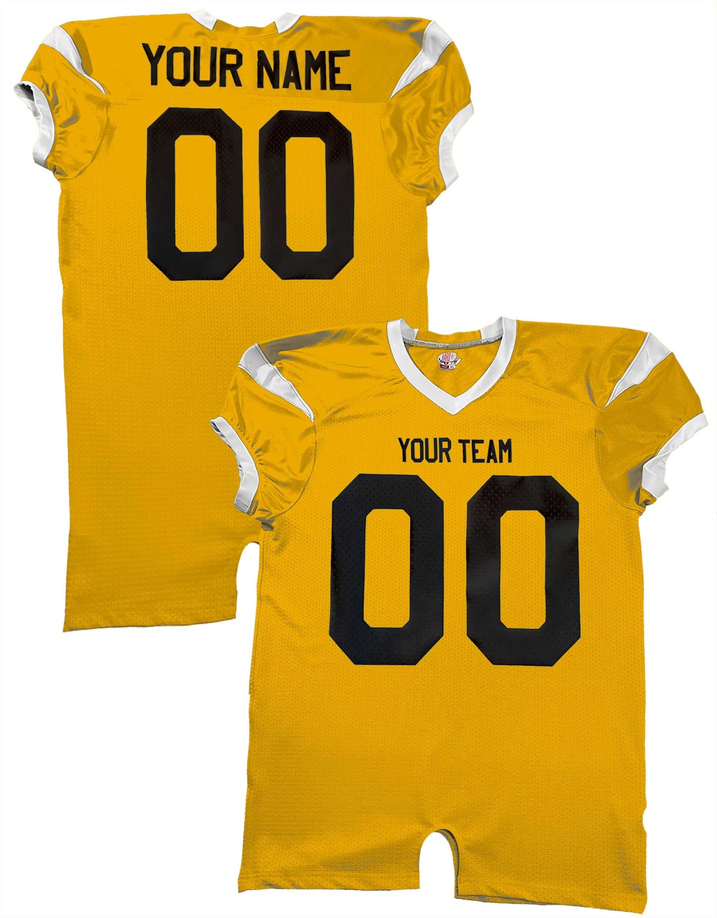 Team Professional Game Fitted Custom Football Jersey, Black, Navy, Gold, Stretch Mesh, Dazzle, Spandex, Team Name, Player Name and Numbers