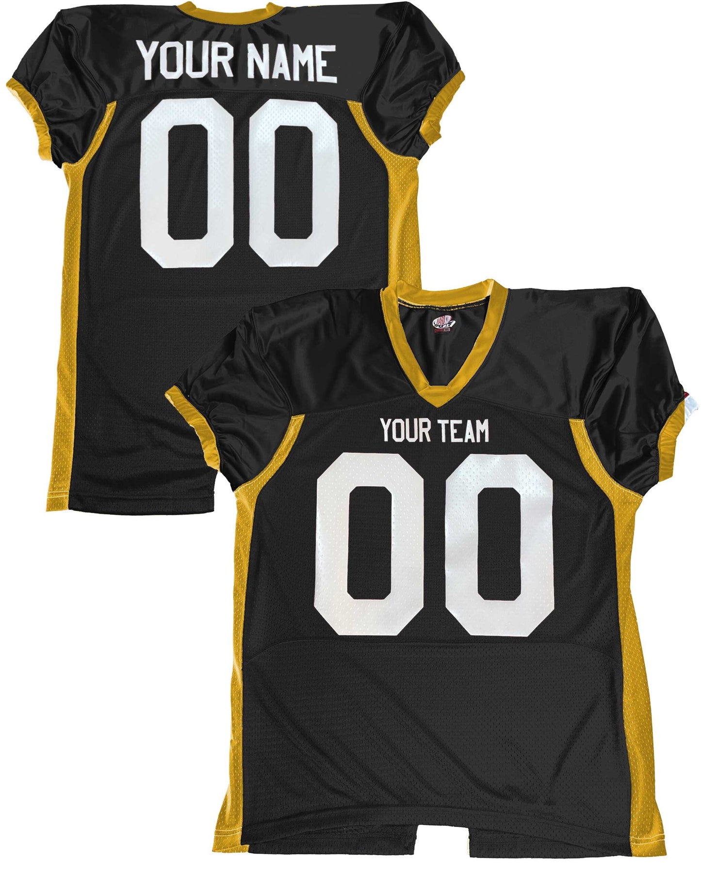 Fitted Professional Custom Color Football Jersey, Scarlet, Black, White & Gold, Stretch Mesh, Dazzle, Spandex, Customized for your team